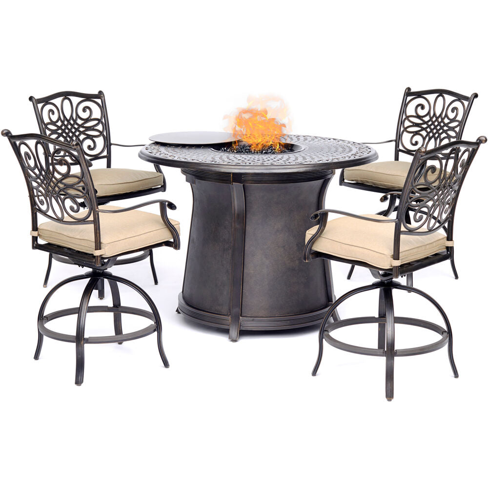 Hanover TRAD5PCFPRD-BR 5pc High Fire Pit Set: 4 Swivel Chairs, 48" Round Cast Top Fire Pit Table