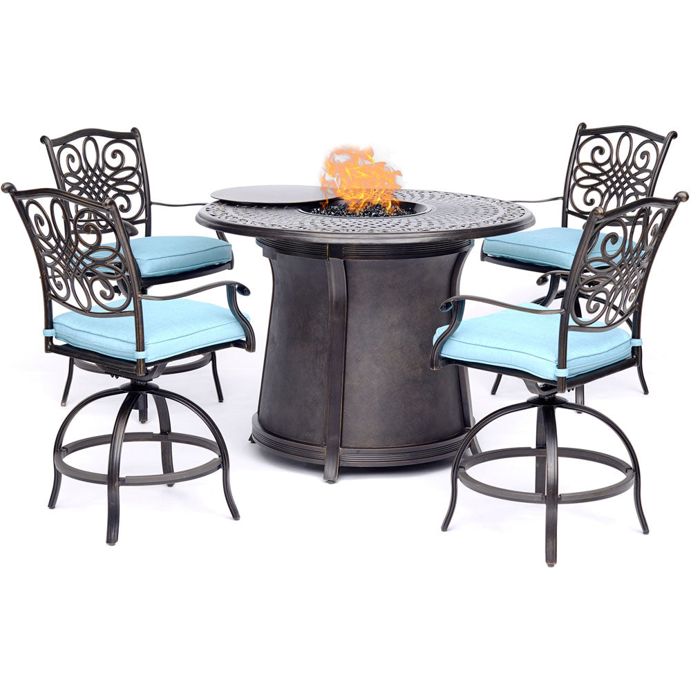 Hanover TRAD5PCFPRD-BR-B 5pc High Fire Pit Set: 4 Swivel Chairs, 48" Round Cast Top Fire Pit Tbl