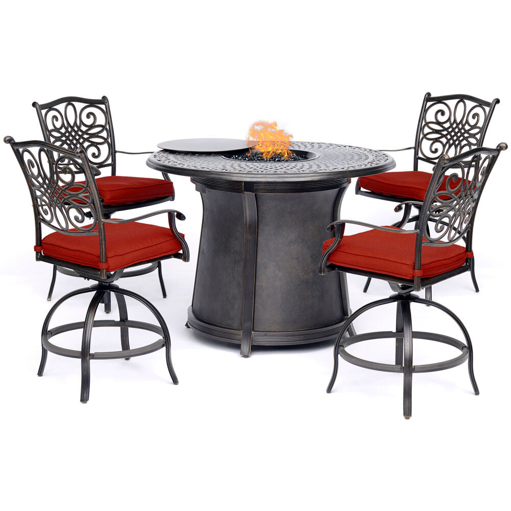 Hanover TRAD5PCFPRD-BR-R 5pc High Fire Pit Set: 4 Swivel Chairs, 48" Round Cast Top Fire Pit Tbl