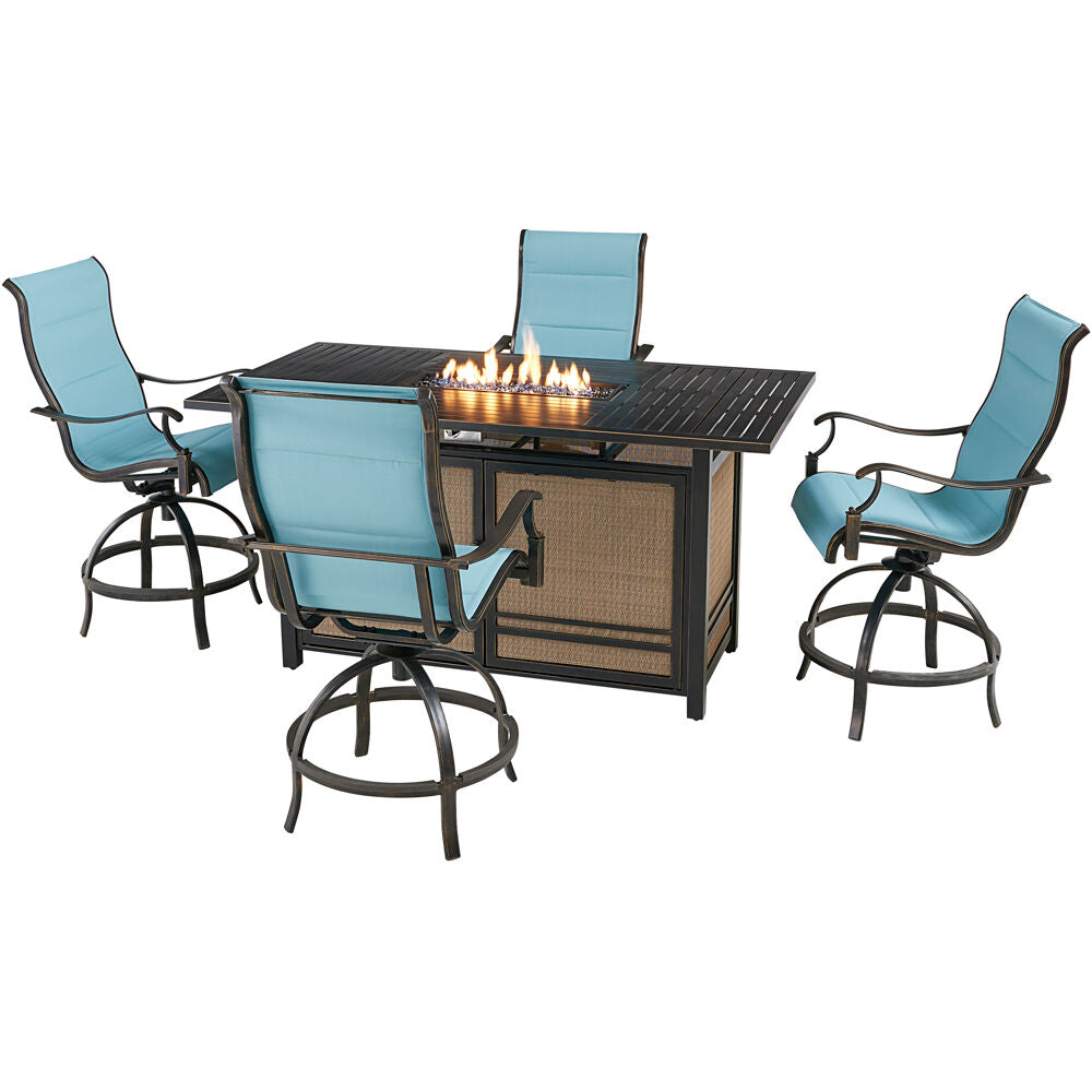 Hanover TRAD5PCPFPDBR-BLU Traditions5pc: 4 Padded Swivel Counter Hght Chairs, Slat Fire Pit Tbl