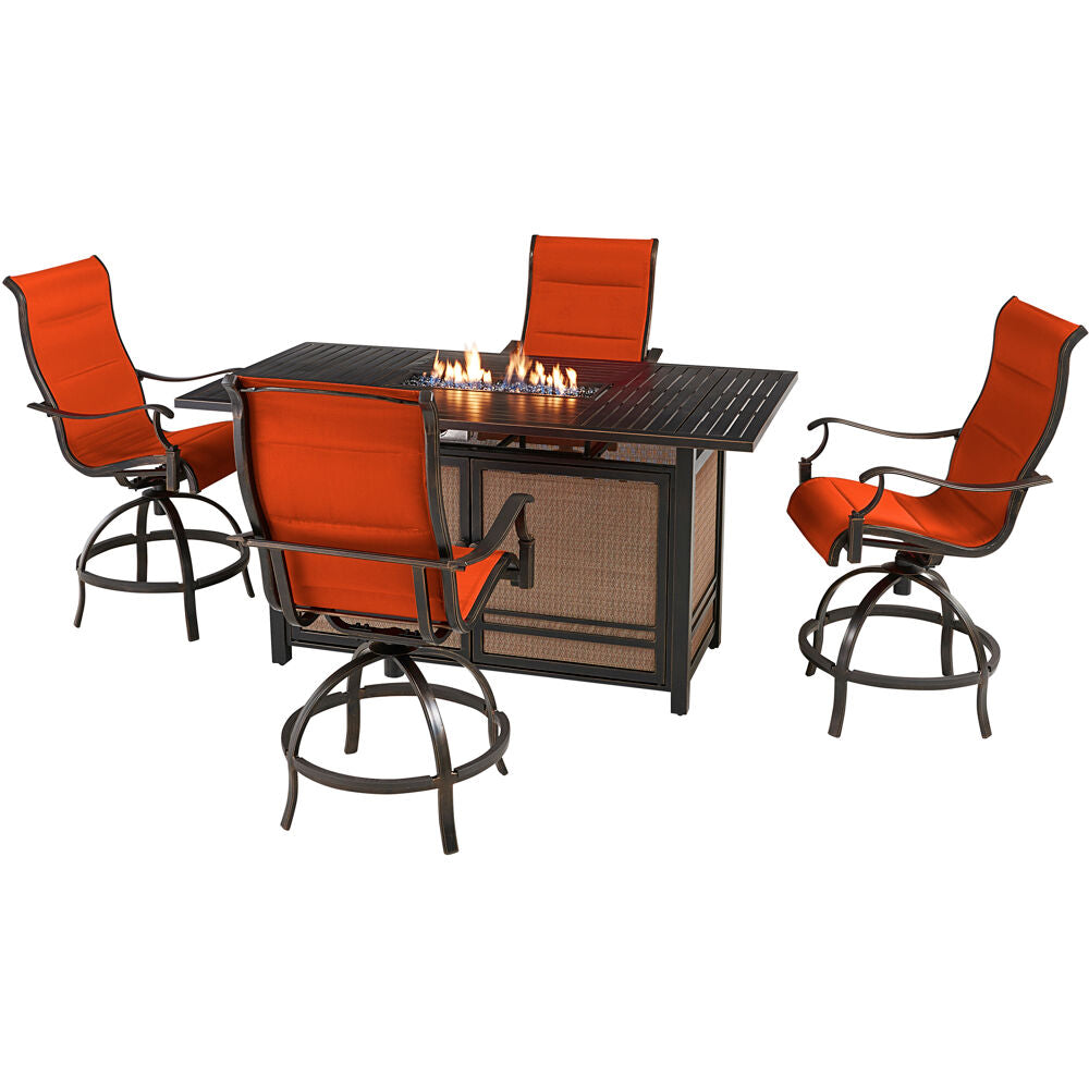 Hanover TRAD5PCPFPDBR-RED Traditions5pc: 4 Padded Swivel Counter Hght Chairs, Slat Fire Pit Tbl