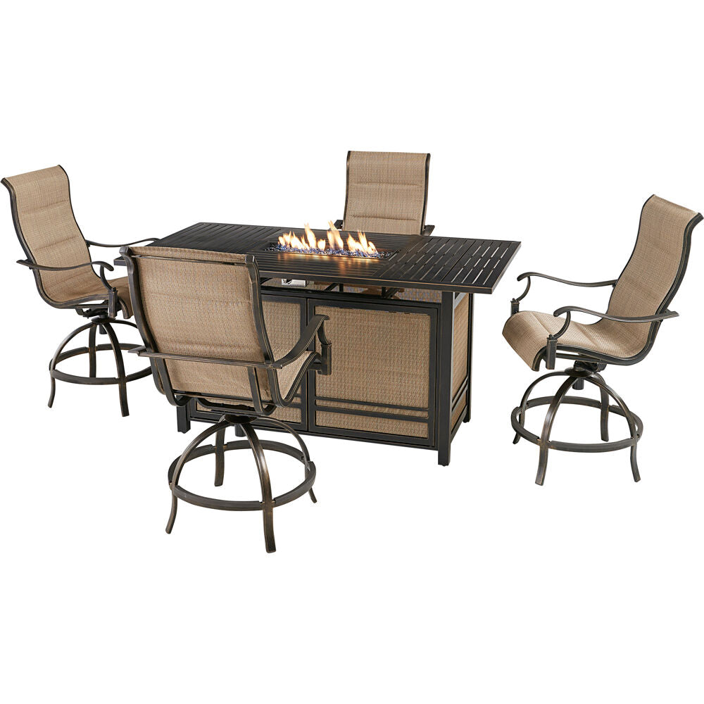 Hanover TRAD5PCPFPDBR-TAN Traditions5pc: 4 Padded Swivel Counter Hght Chairs, Slat Fire Pit Tbl