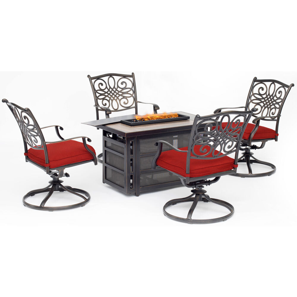 Hanover TRAD5PCRECSW4FP-RED Traditions5pc Fire Pit: 4 Swivel Rockers, Rectngl KD Fire Pit w/Tile