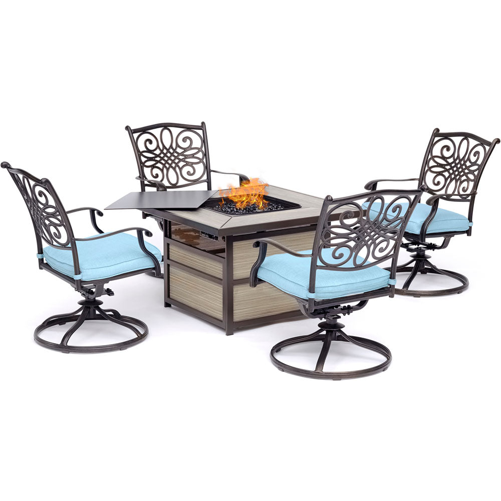 Hanover TRAD5PCSQSW4FP-BLU Traditions5pc Fire Pit: 4 Swivel Rockers, Square KD Fire Pit w/Tile