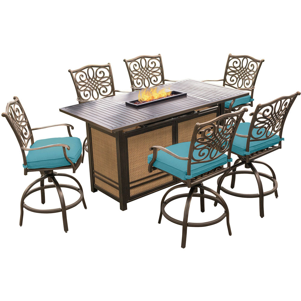 Hanover TRAD7PCFPBR-BLU Traditions7pc Fire Pit High Dining: 6 Swvl Cntr Chrs, Fire Pit Dining Tbl