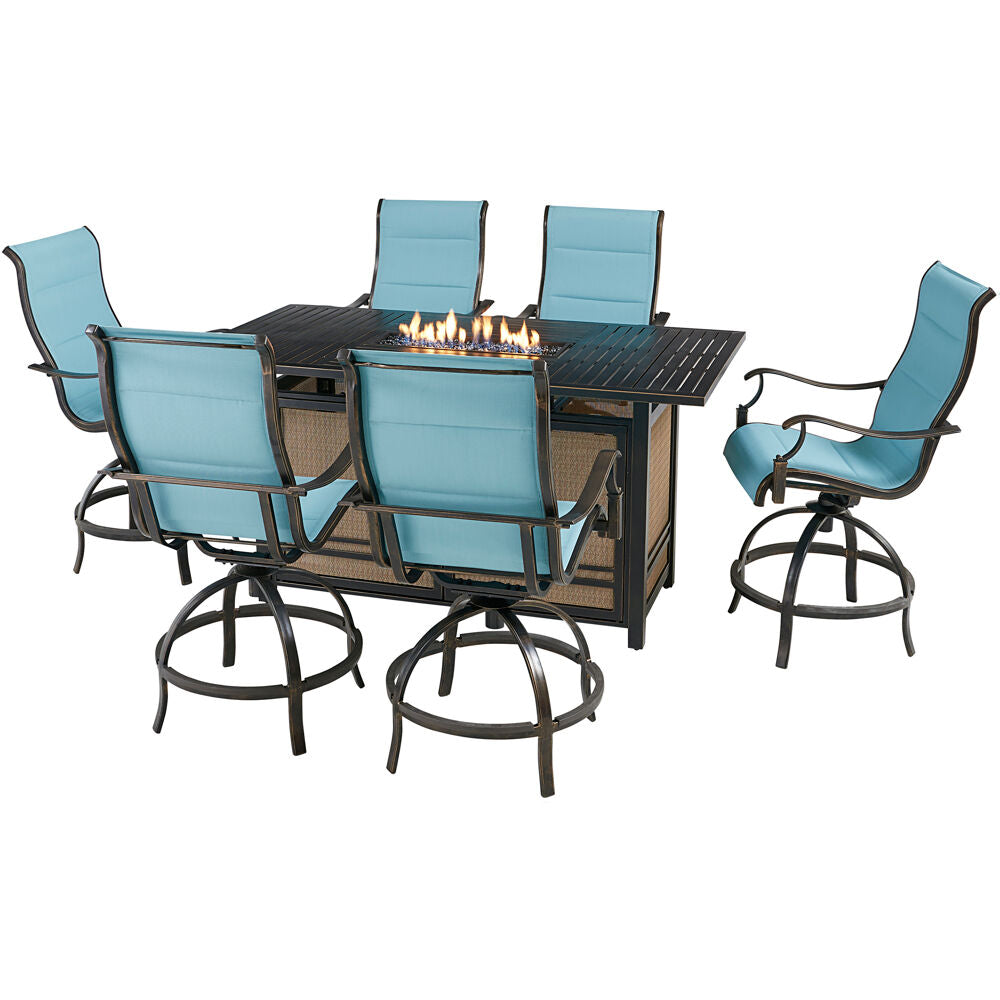 Hanover TRAD7PCPFPDBR-BLU Traditions7pc: 6 Padded Swivel Counter Hght Chairs, Slat Fire Pit Tbl