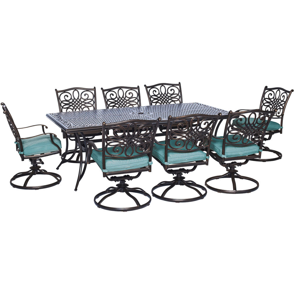 Hanover TRAD9PCSW8-BLU Traditions9pc: 8 Swivel Rockers, 42x84" Cast Table