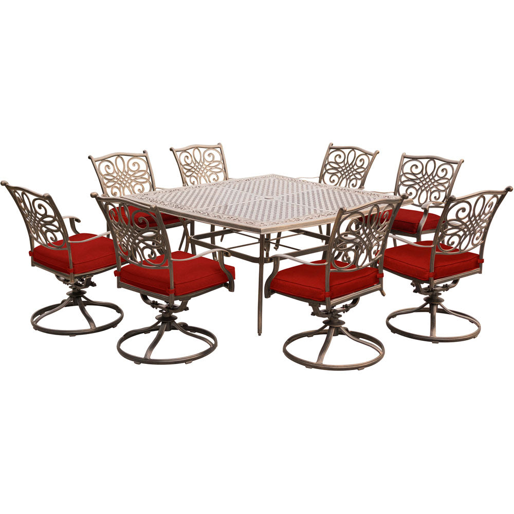 Hanover TRAD9PCSWSQ8-RED Traditions9pc: 8 Swivel Rockers, 60" Square Cast Table