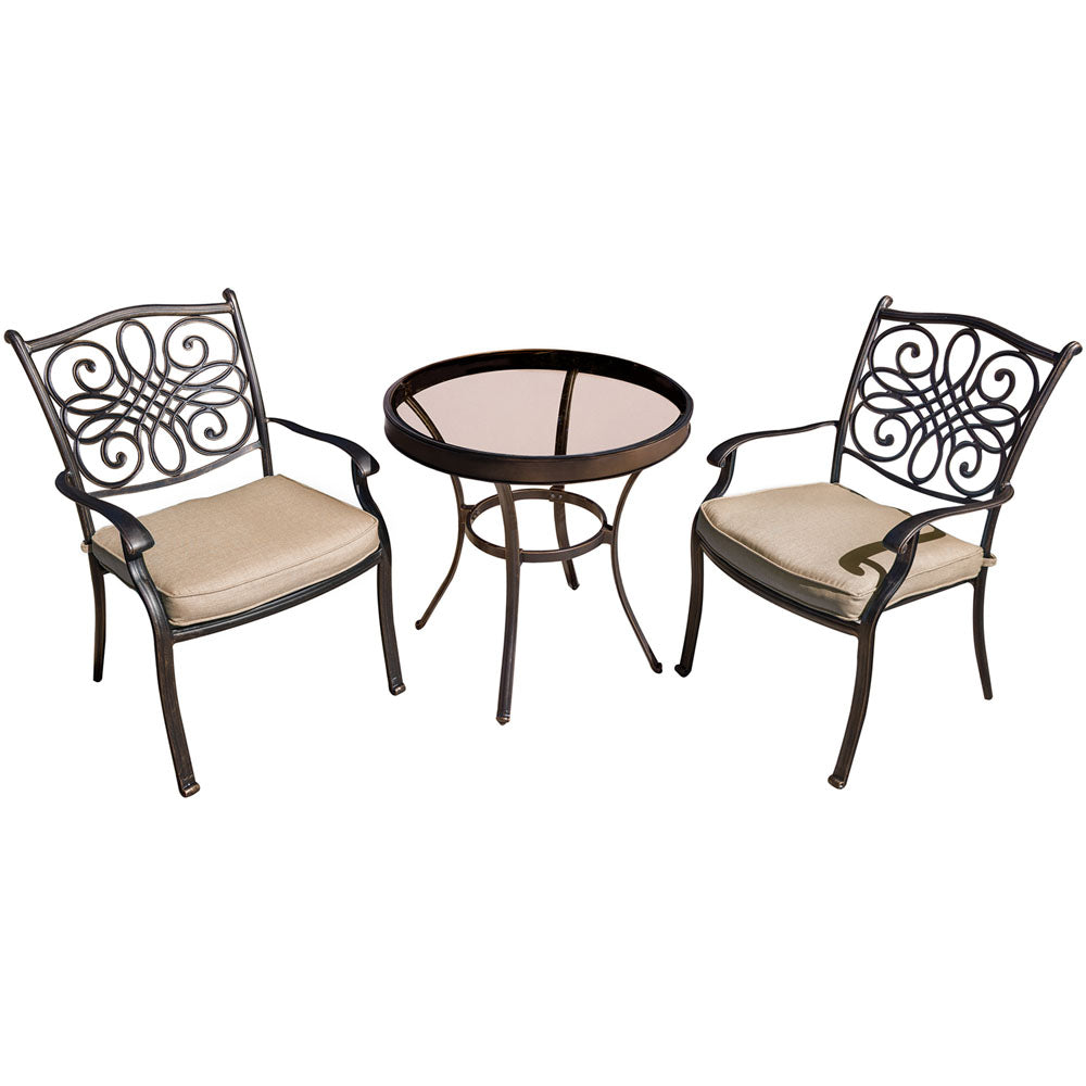 Hanover TRADDN3PCG Traditions3pc: 2 Dining Chairs, 30" Round Glass Top Table