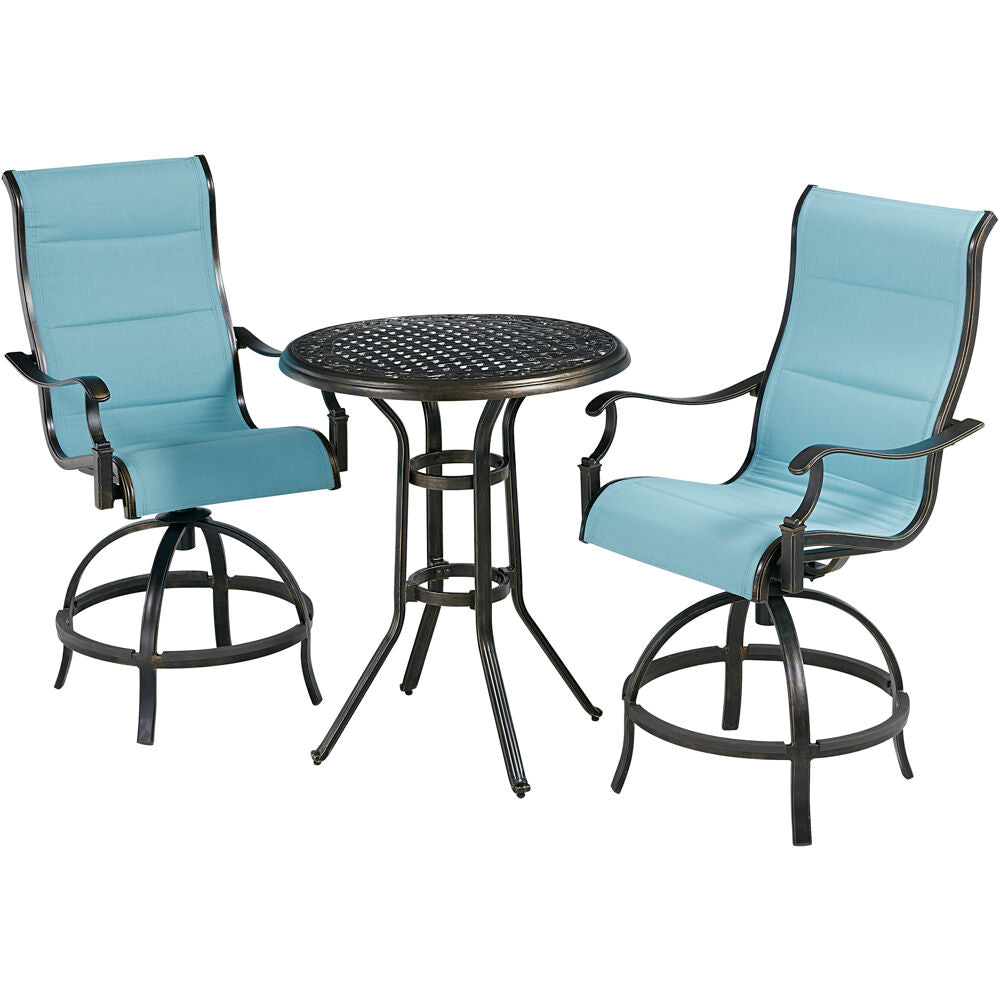 Hanover TRADDN3PCPDBR-BLU Traditions3pc: 2 Padded Swivel Counter Hght Chairs, 30" Round Cast Tbl