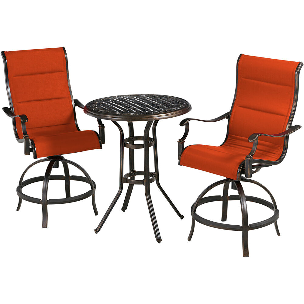 Hanover TRADDN3PCPDBR-RED Traditions3pc: 2 Padded Swivel Counter Hght Chairs, 30" Round Cast Tbl