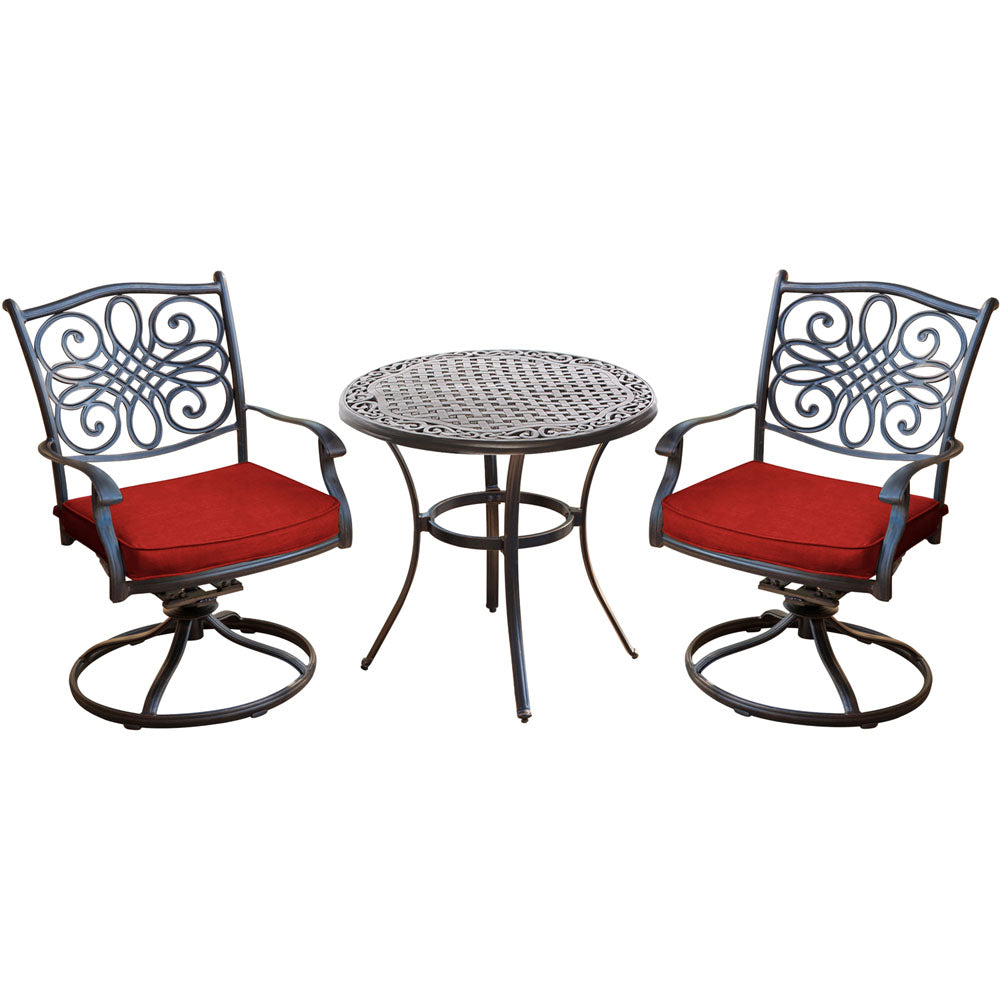 Hanover TRADDN3PCSW-RED Traditions3pc: 2 Swivel Rockers, 32" Round Cast Table