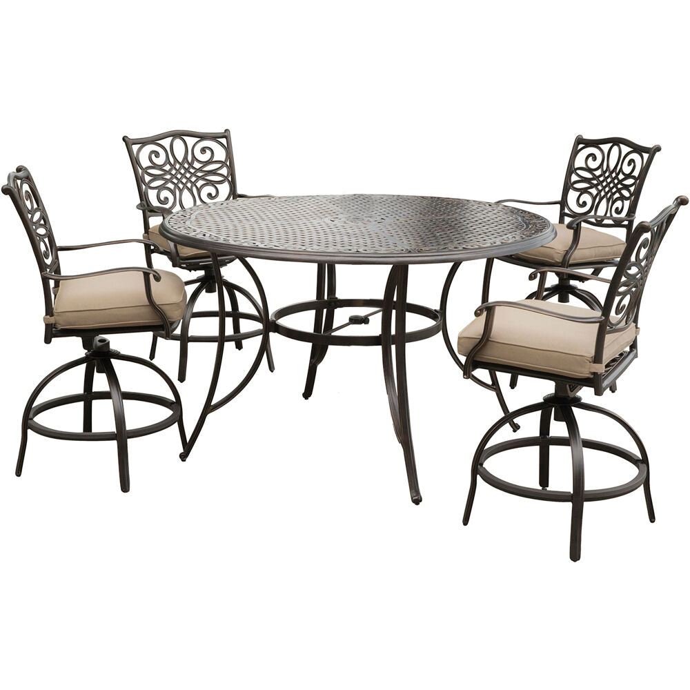 Hanover TRADDN5PCBR Traditions5pc: 4 Counter Height Swivel Chairs, 56" Rnd Cast Table (36"H)