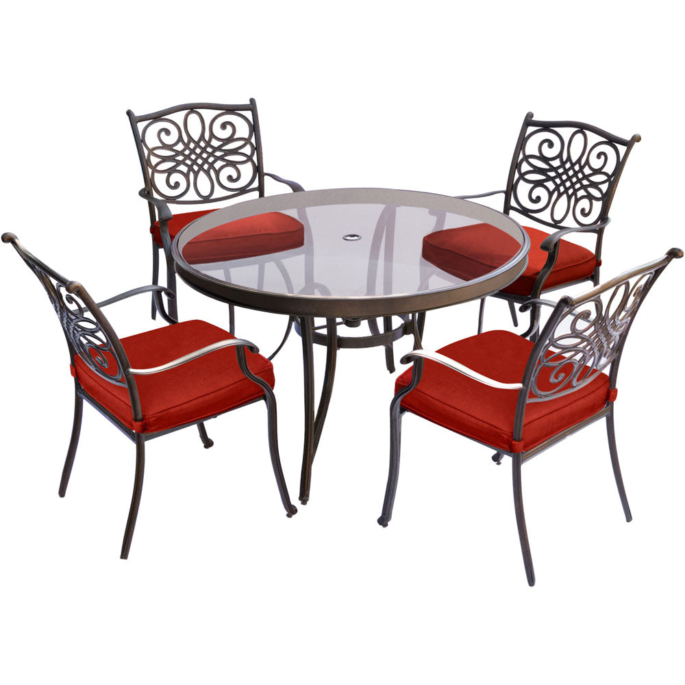 Hanover TRADDN5PCG-RED Traditions5pc: 4 Dining Chairs, 48" Round Glass Top Table