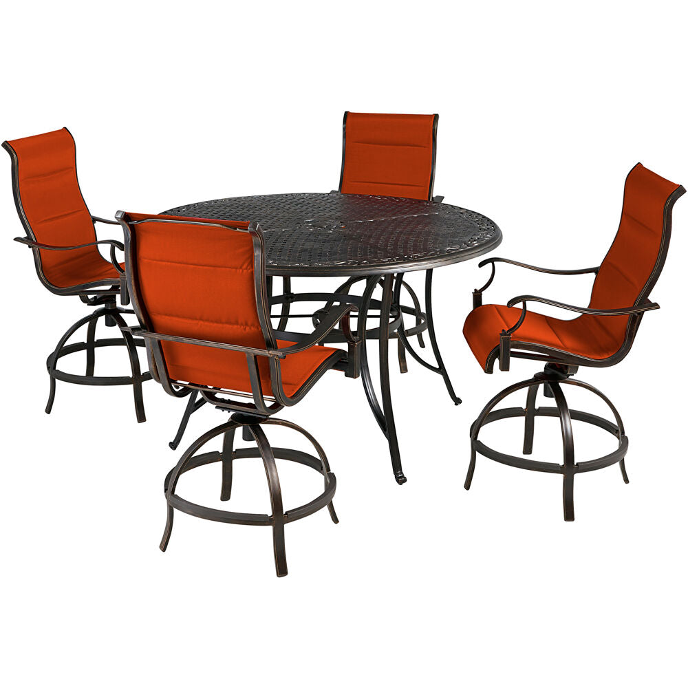 Hanover TRADDN5PCPDBR-RED Traditions5pc: 4 Padded Swivel Counter Hght Chairs, 56" Round Cast Tbl