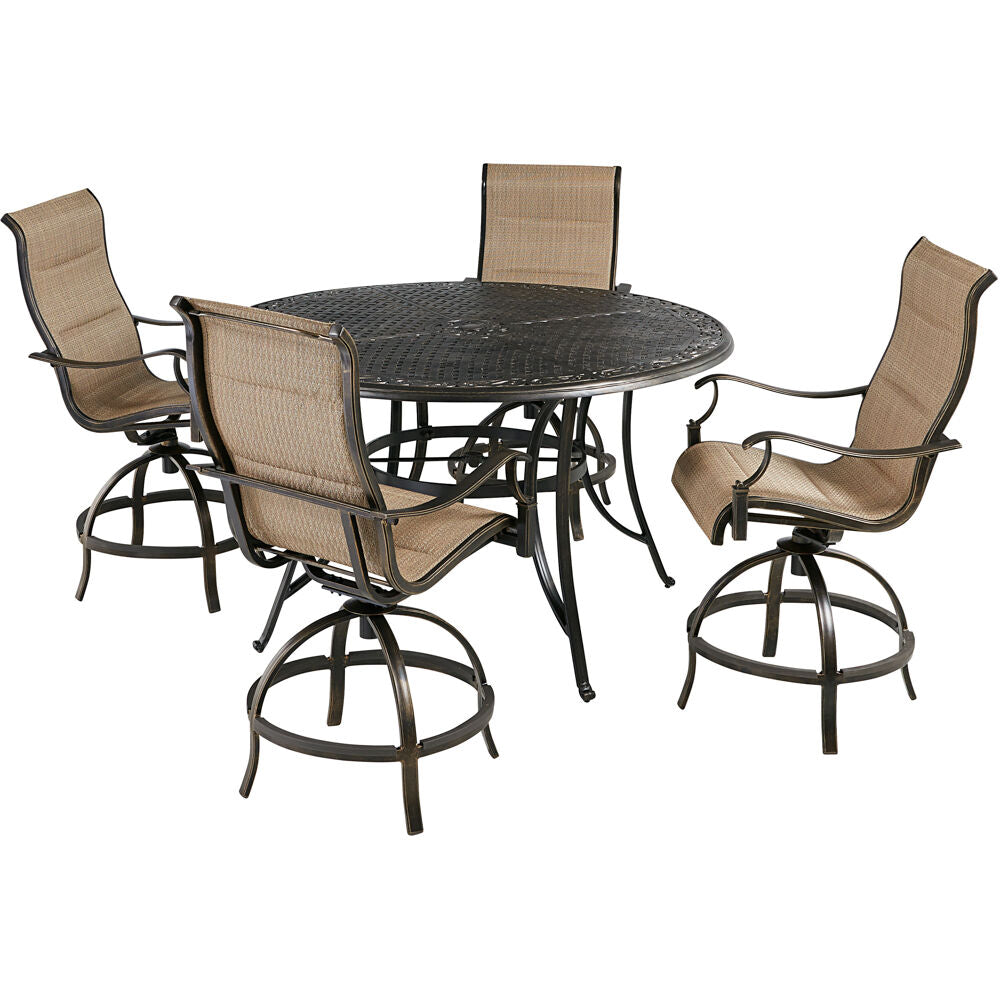 Hanover TRADDN5PCPDBR-TAN Traditions5pc: 4 Padded Swivel Counter Hght Chairs, 56" Round Cast Tbl
