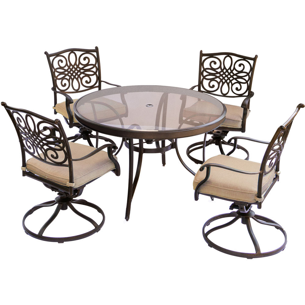 Hanover TRADDN5PCSWG Traditions5pc: 4 Swivel Rockers, 48" Round Glass Top Table