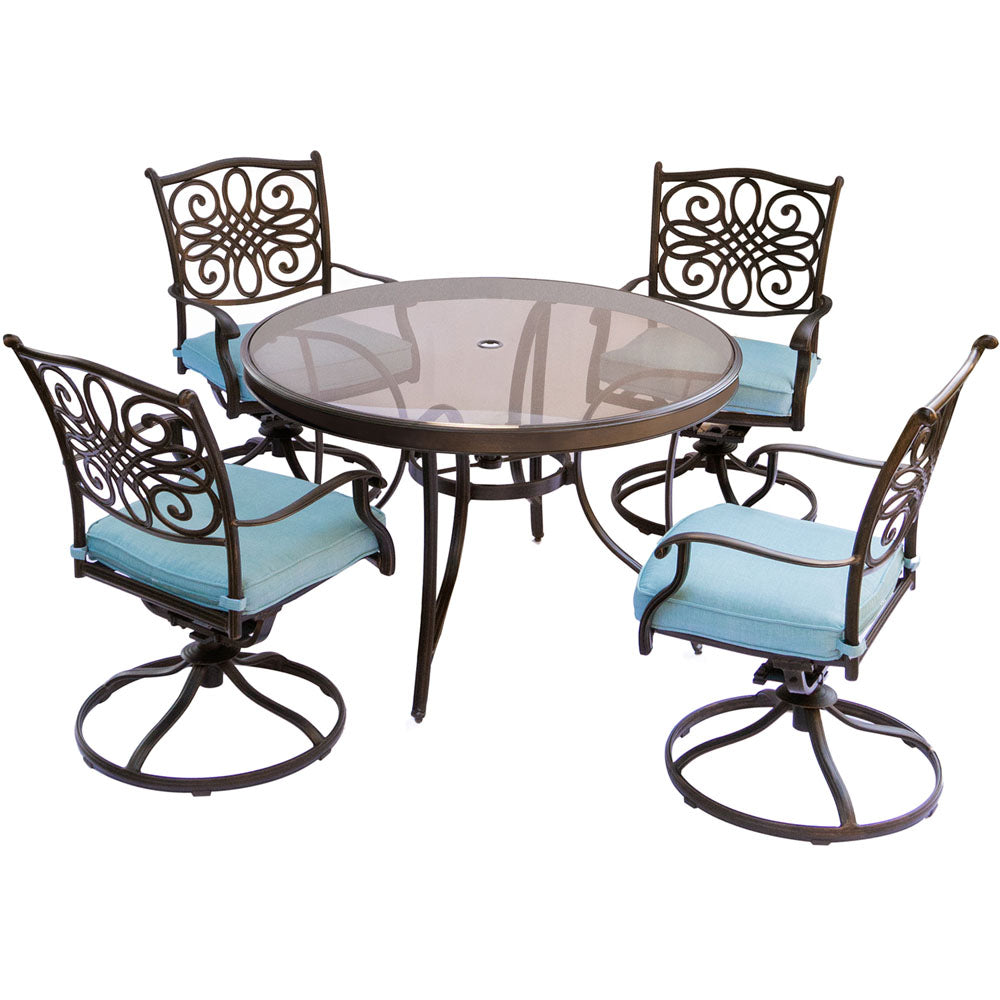 Hanover TRADDN5PCSWG-BLU Traditions5pc: 4 Swivel Rockers, 48" Round Glass Top Table