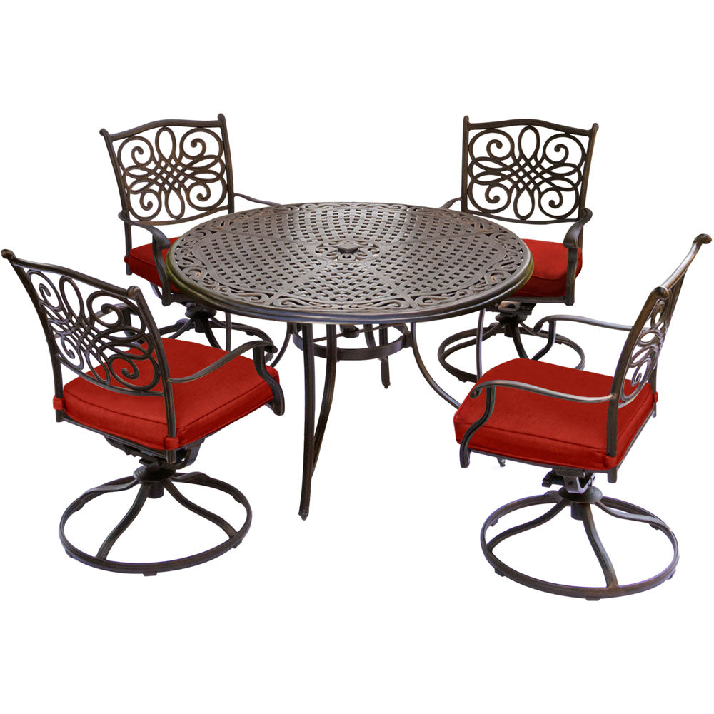 Hanover TRADDN5PCSW-RED Traditions5pc: 4 Swivel Rockers, 48" Round Cast Table