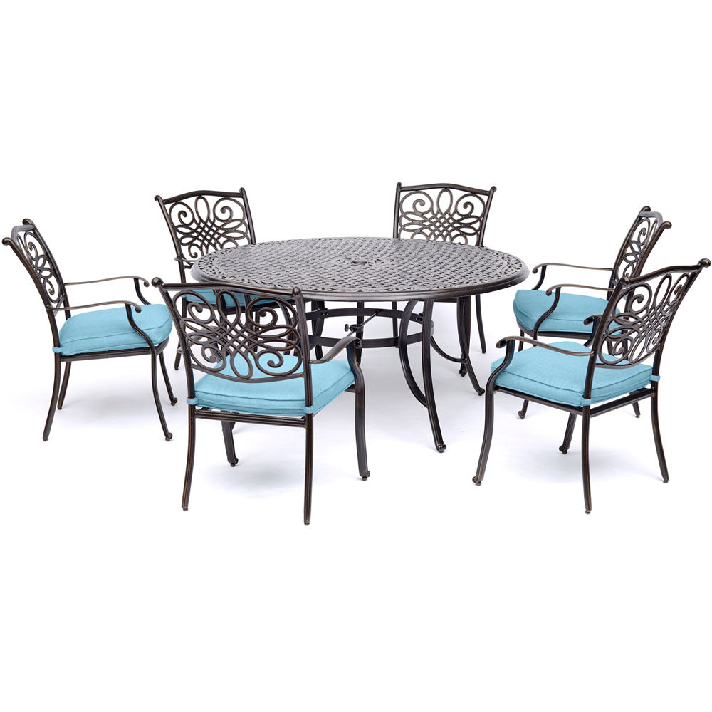 Hanover TRADDN7PCRD-BLU Traditions7pc: 6 Dining Chairs, 60" Round Cast Table