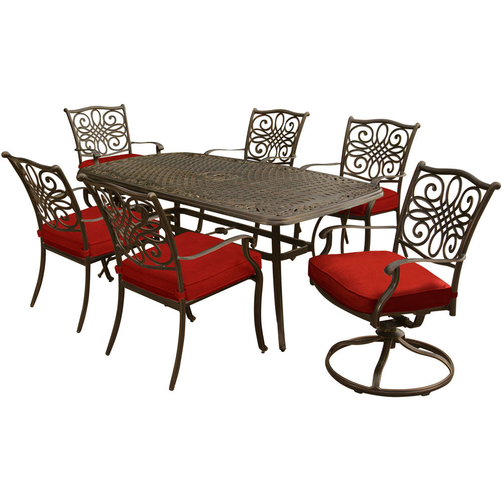 Hanover TRADDN7PCSW-RED Traditions7pc: 4 Dining Chairs, 2 Swivel Rockers, 38x72" Cast Table