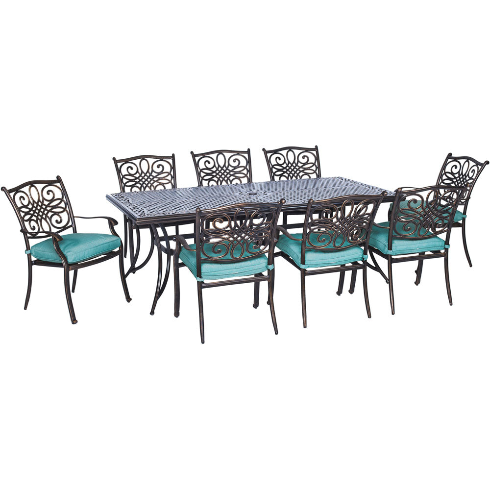 Hanover TRADDN9PC-BLU Traditions9pc: 8 Dining Chairs, 42x84" Cast Table