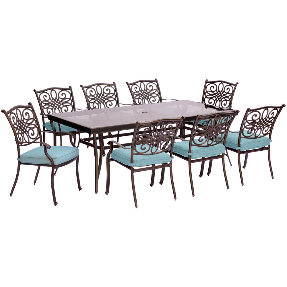 Hanover TRADDN9PCG-BLU Traditions9pc: 8 Dining Chairs, 42x84" Glass Top Table