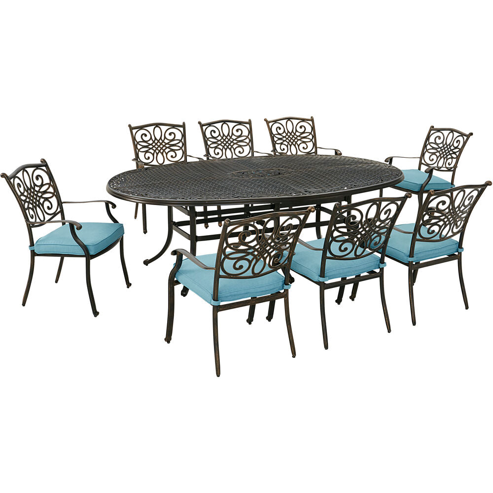 Hanover TRADDN9PCOV-BLU Traditions9pc: 8 Dining Chairs, 96"x60" Oval Cast Table