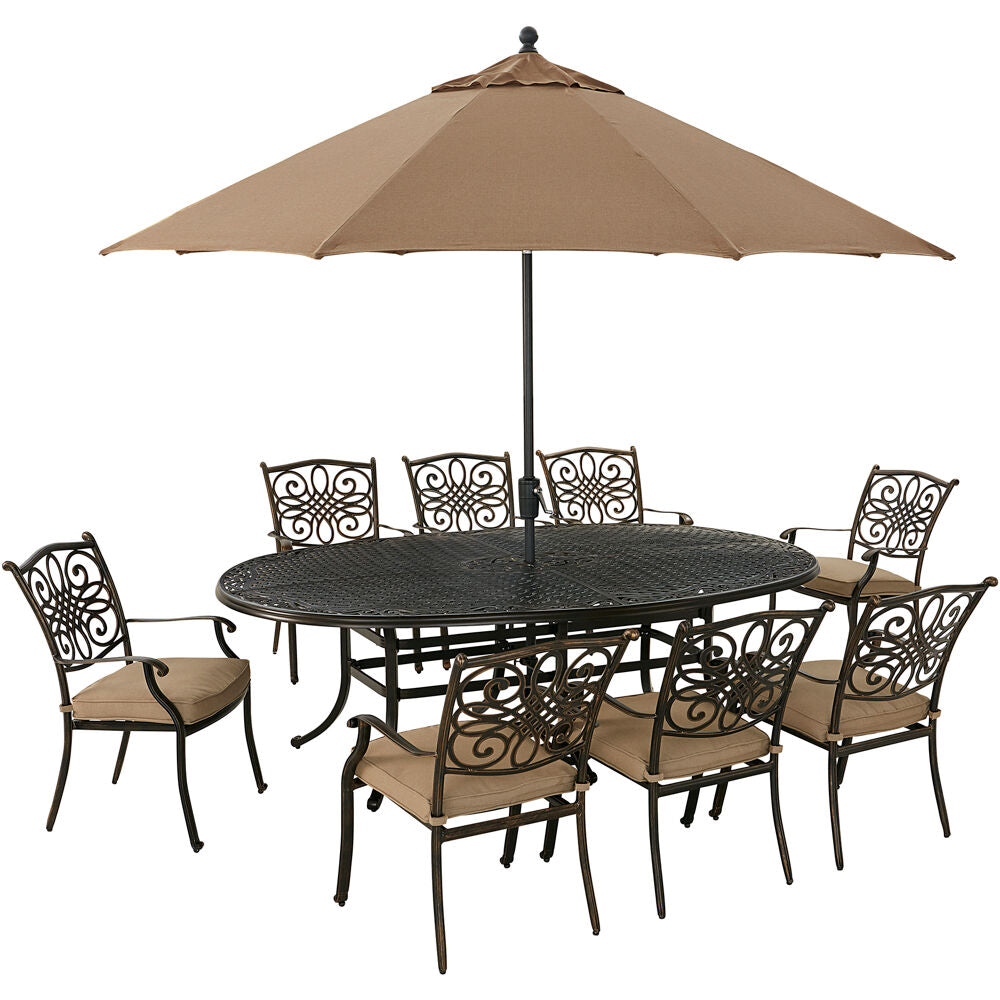 Hanover TRADDN9PCOV-SU-T Traditions9pc: 8 Dining Chairs, 96"x60" Oval Cast Tbl, Umbrella, Base