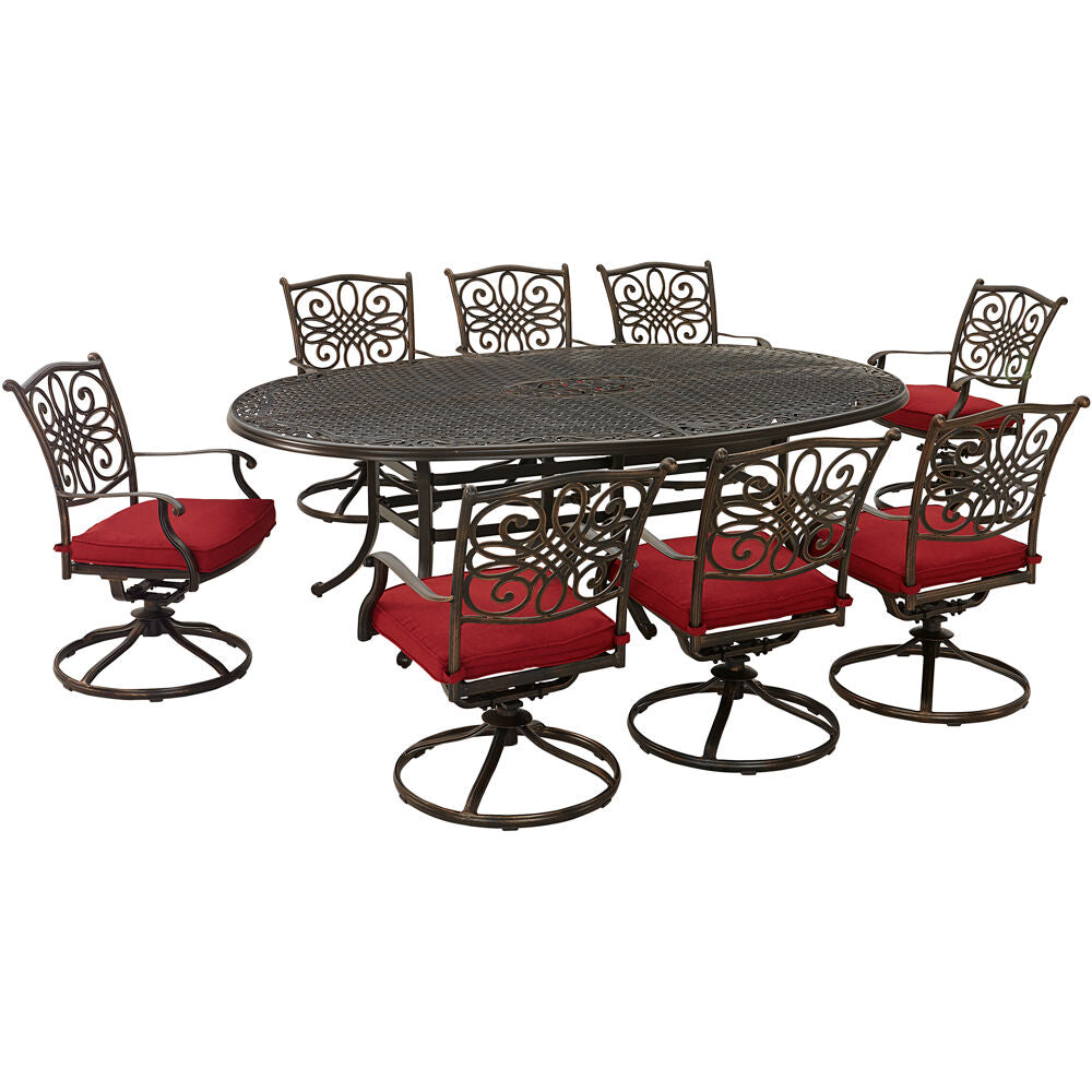 Hanover TRADDN9PCOVSW8-RED Traditions9pc: 8 Swivel Rockers, 96"x60" Oval Cast Table