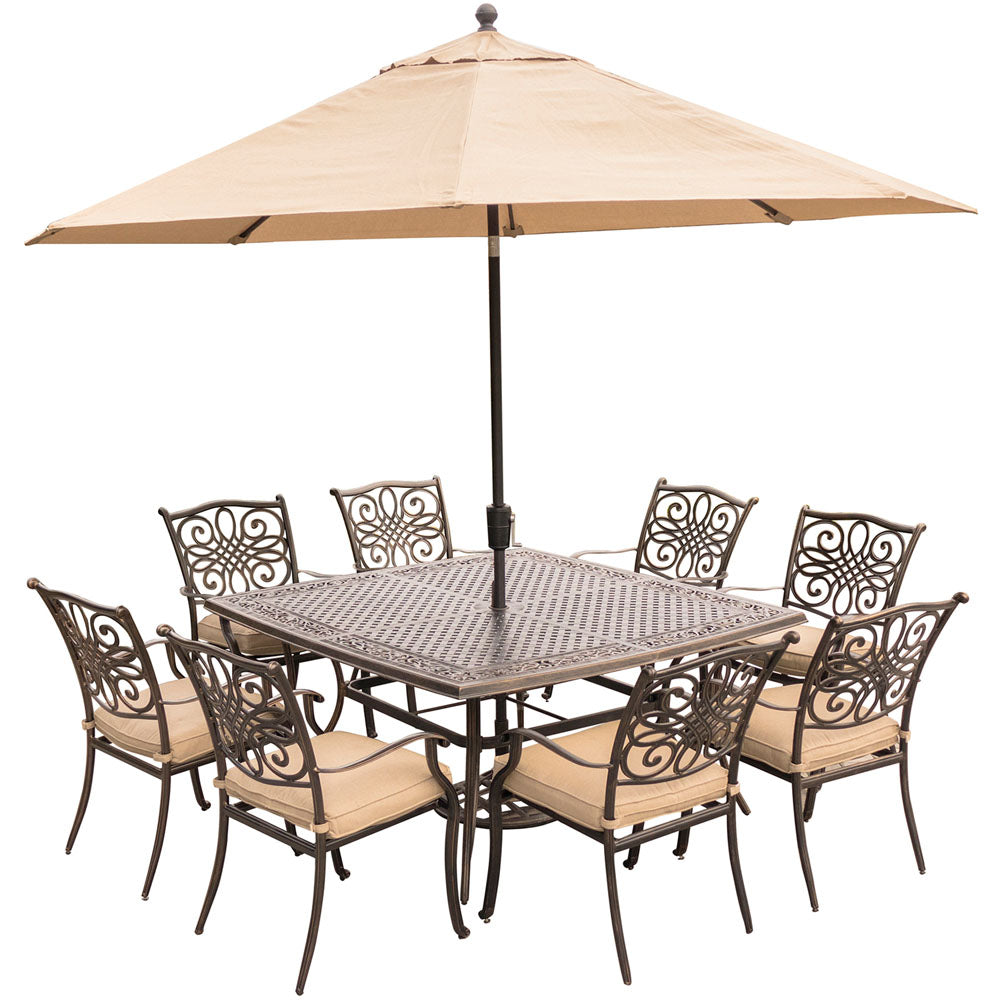 Hanover TRADDN9PCSQ-SU Traditions9pc: 8 Dining Chairs, 60" Square Cast Table, Umbrella, Base