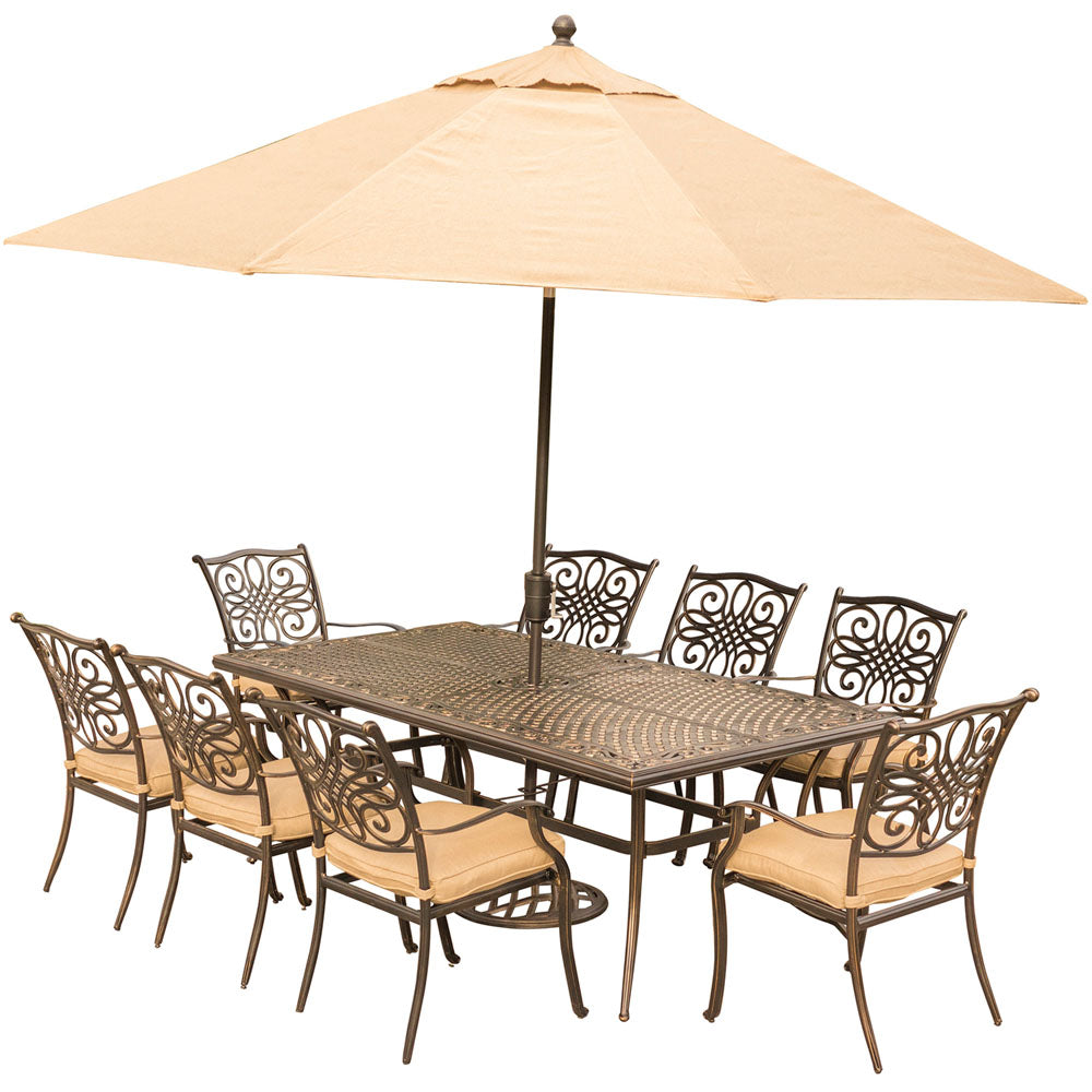 Hanover TRADDN9PC-SU Traditions9pc: 8 Dining Chairs, 42x84" Cast Table, Umbrella, Base