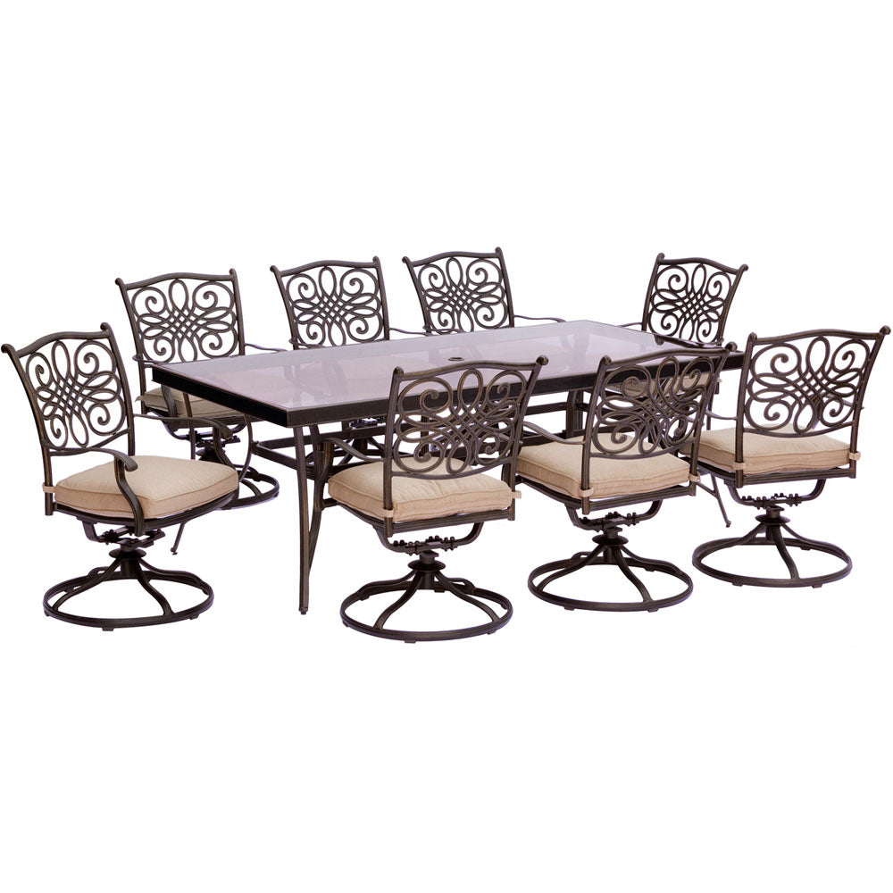 Hanover TRADDN9PCSWG Traditions9pc: 8 Swivel Rockers, 42x84" Glass Top Table