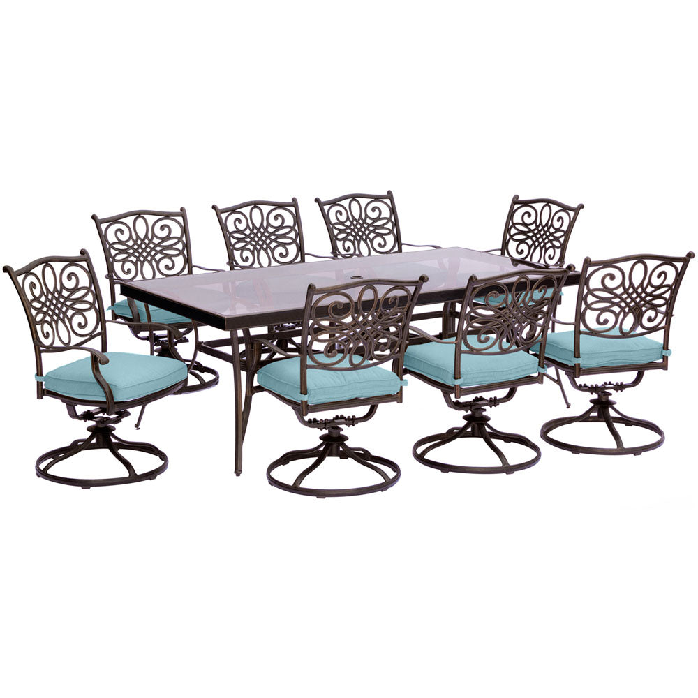 Hanover TRADDN9PCSWG-BLU Traditions9pc: 8 Swivel Rockers, 42x84" Glass Top Table