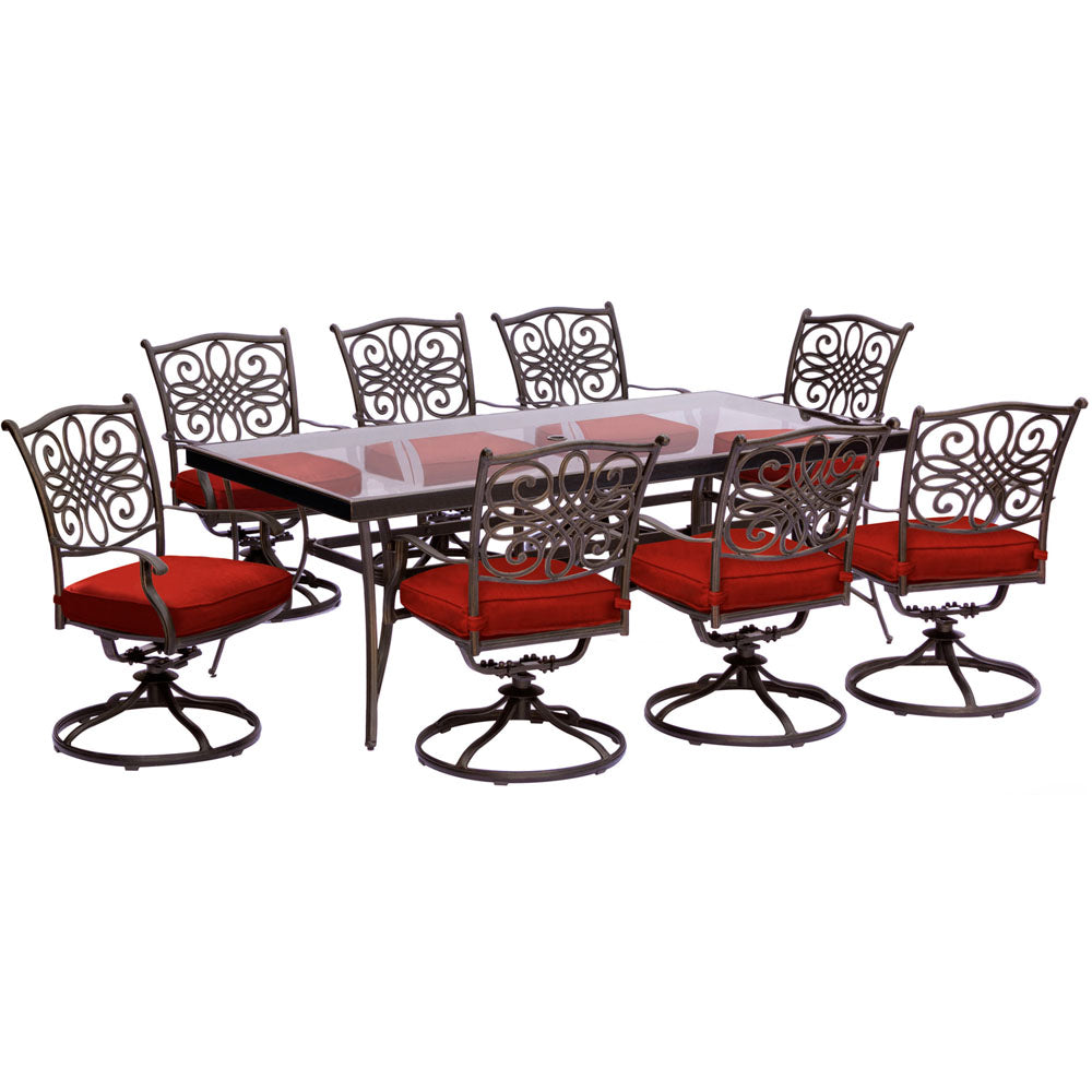 Hanover TRADDN9PCSWG-RED Traditions9pc: 8 Swivel Rockers, 42x84" Glass Top Table