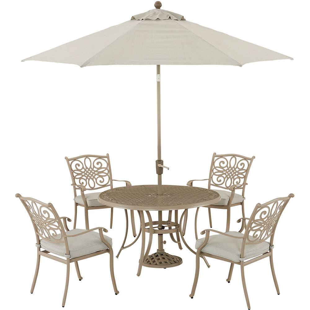 Hanover TRADDNS5PC-BE-SU Traditions5pc: 4 Dining Chairs, 48" Round Cast Table, Umbrella & Base