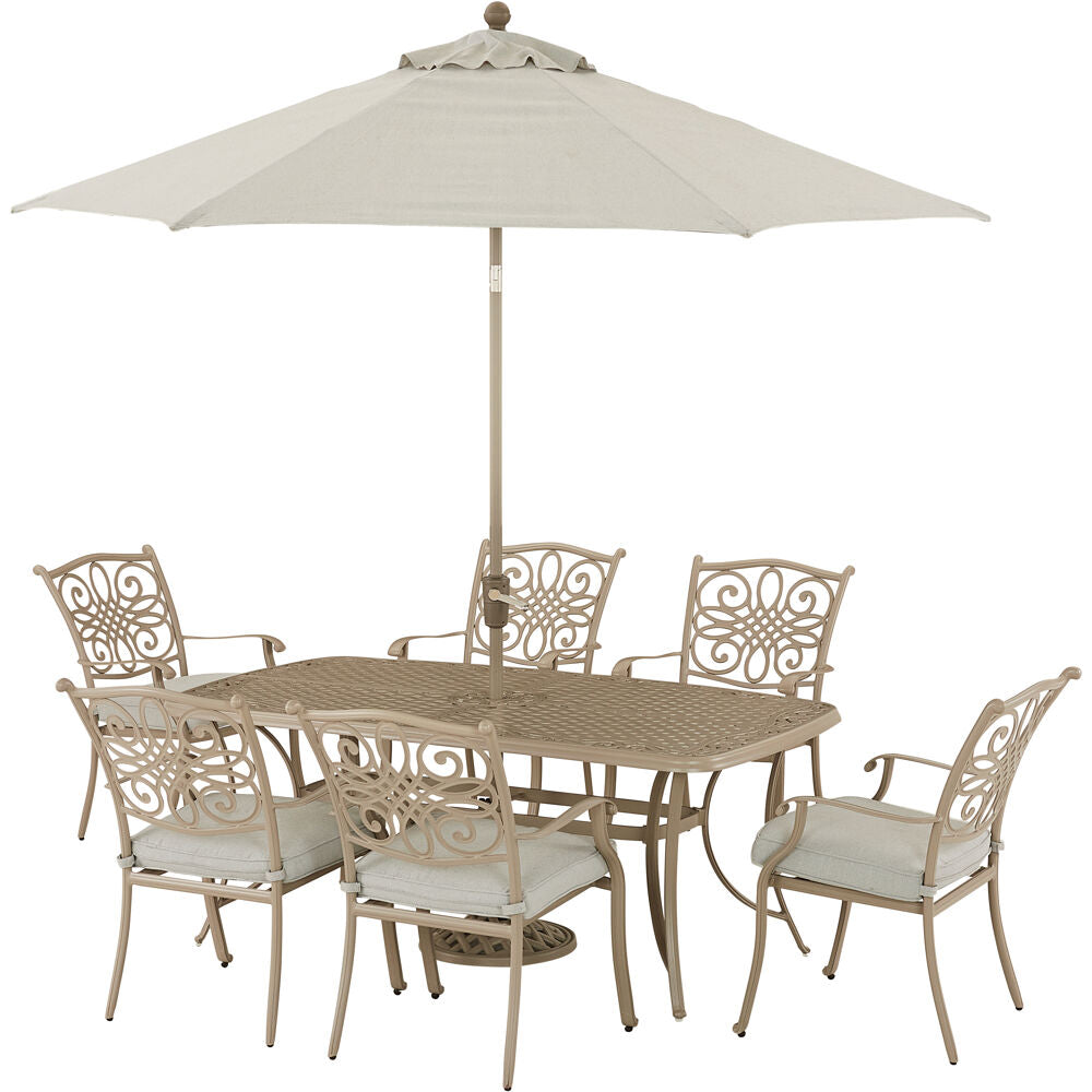 Hanover TRADDNS7PC-BE-SU Traditions7pc: 6 DiningChairs, 38"x72" Cast Table, Umbrella & Base