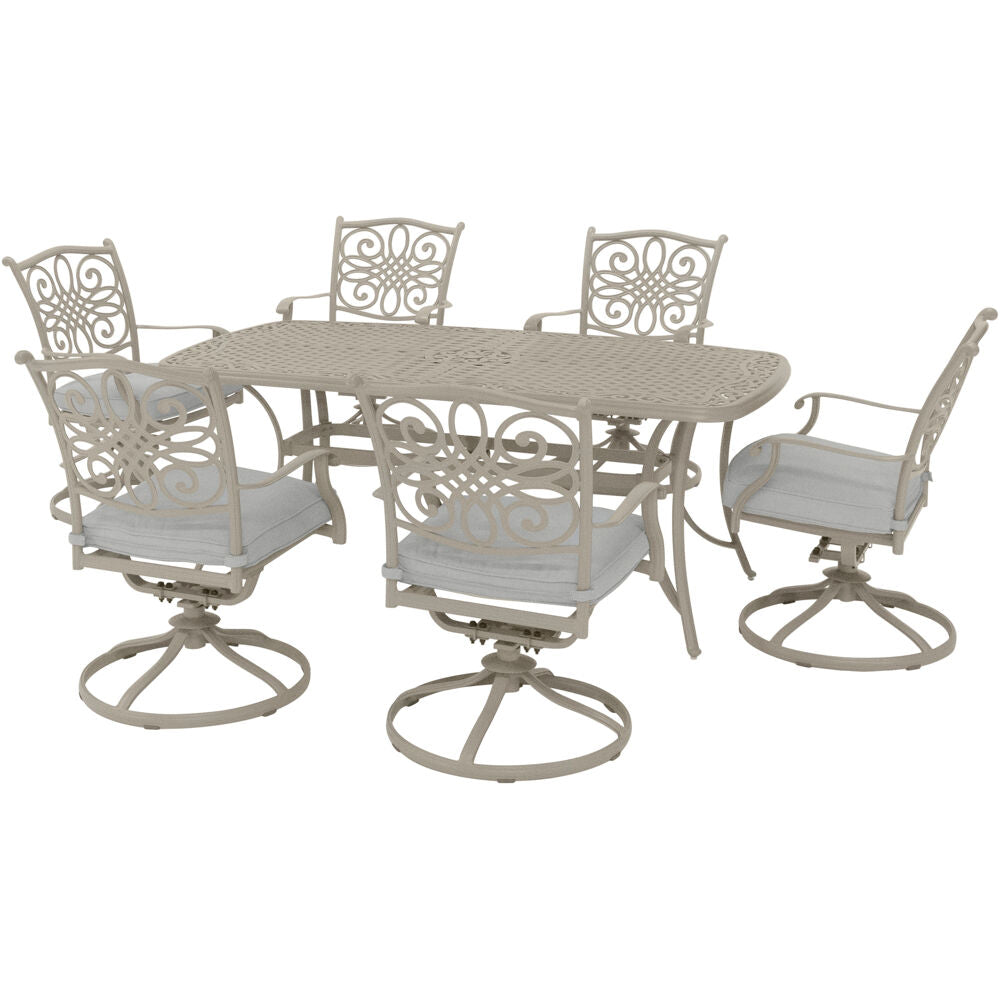Hanover TRADDNSD7PCSW6-BE Traditions7pc: 6 Swivel Rockers, 38x72" Cast Table