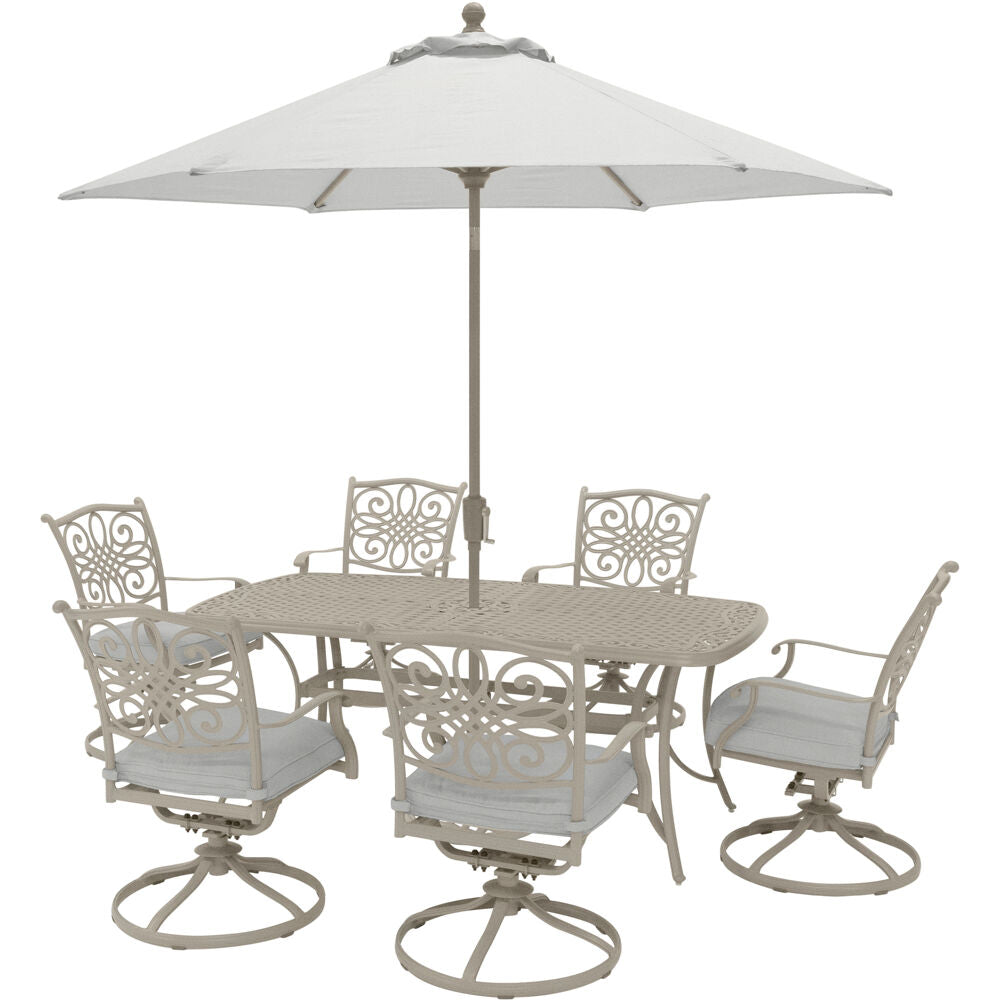 Hanover TRADDNSD7PCSW6-BE-SU Traditions7pc: 6 Swivel Rockers, 38x72" Cast Table, Umbrella, Base