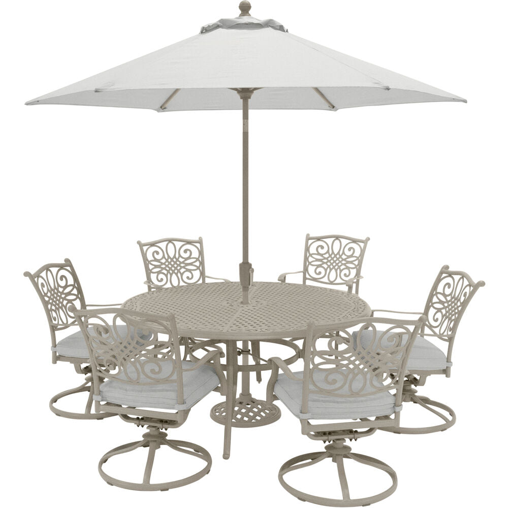 Hanover TRADDNSD7PCSWRD6-BE-SU Traditions7pc: 6 Swivel Rockers, 60" Round Cast Table, Umbrella, Base
