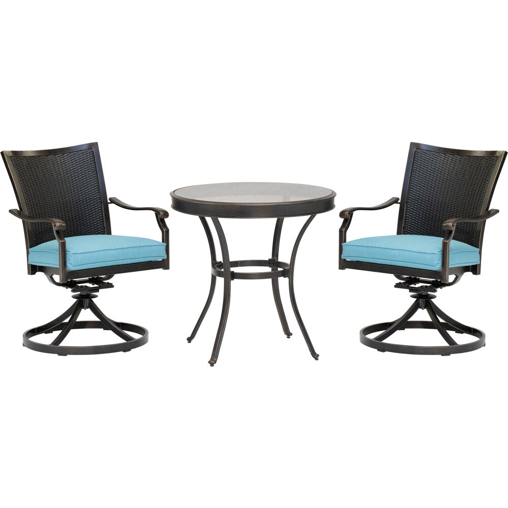 Hanover TRADDNWB3PCSWG-BLU Traditions3pc: 2 Wicker Back Swivel Rockers, 30" Round Glass Table