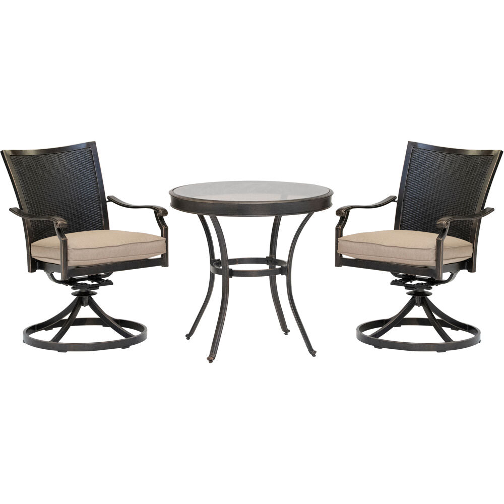 Hanover TRADDNWB3PCSWG-TAN Traditions3pc: 2 Wicker Back Swivel Rockers, 30" Round Glass Table