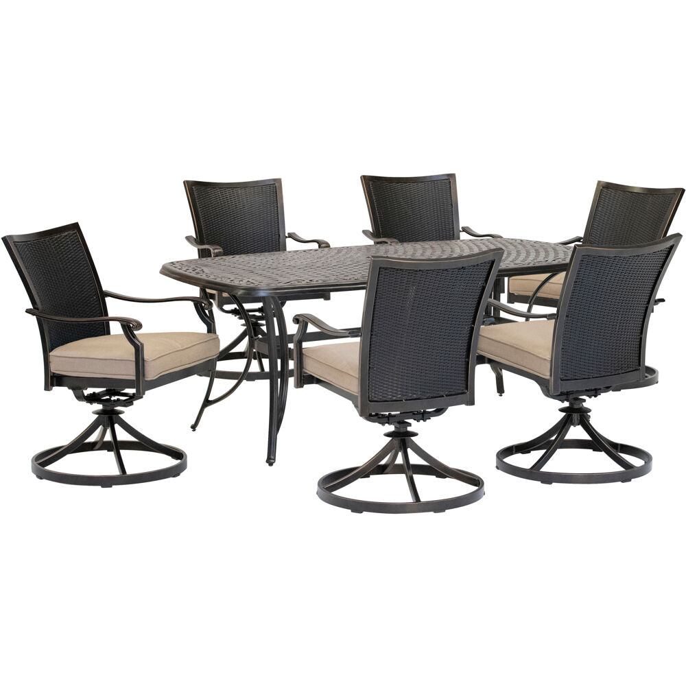 Hanover TRADDNWB7PCSWC-TAN Traditions7pc: 6 Wicker Back Swivel Rockers, 38"x72" Cast Table