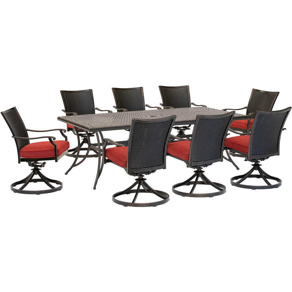 Hanover TRADDNWB9PCSWC-RED Traditions9pc: 8 Wicker Back Swivel Rockers, 42"x84" Cast Table