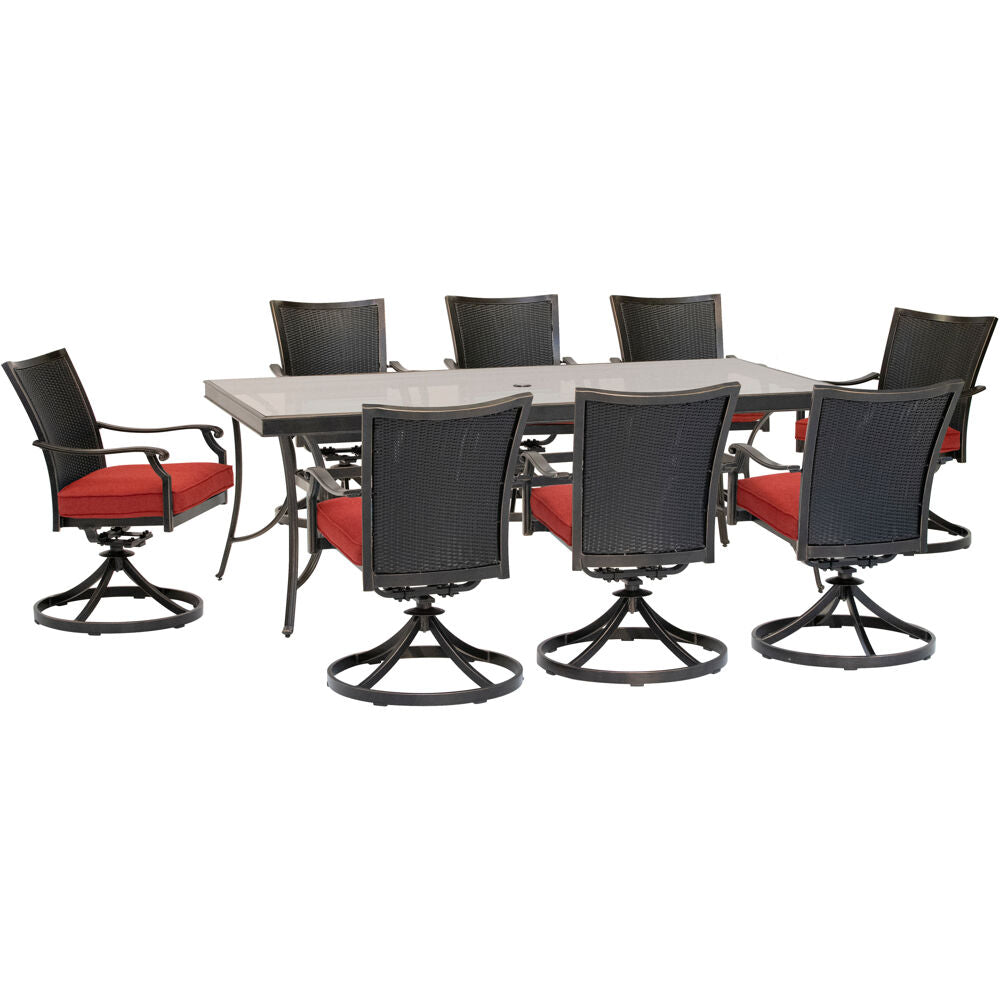 Hanover TRADDNWB9PCSWG-RED Traditions9pc: 8 Wicker Back Swivel Rockers, 42"x84" Glass Table