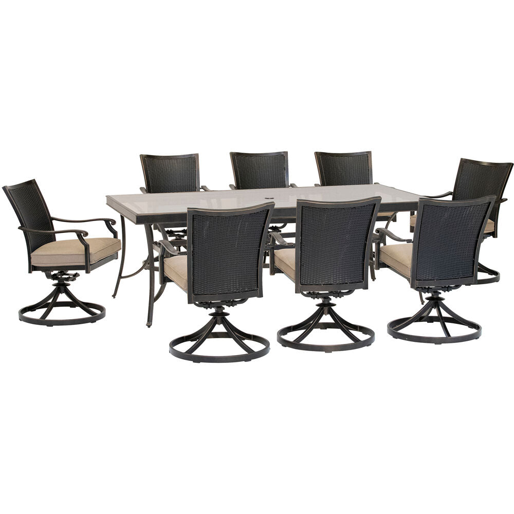 Hanover TRADDNWB9PCSWG-TAN Traditions9pc: 8 Wicker Back Swivel Rockers, 42"x84" Glass Table