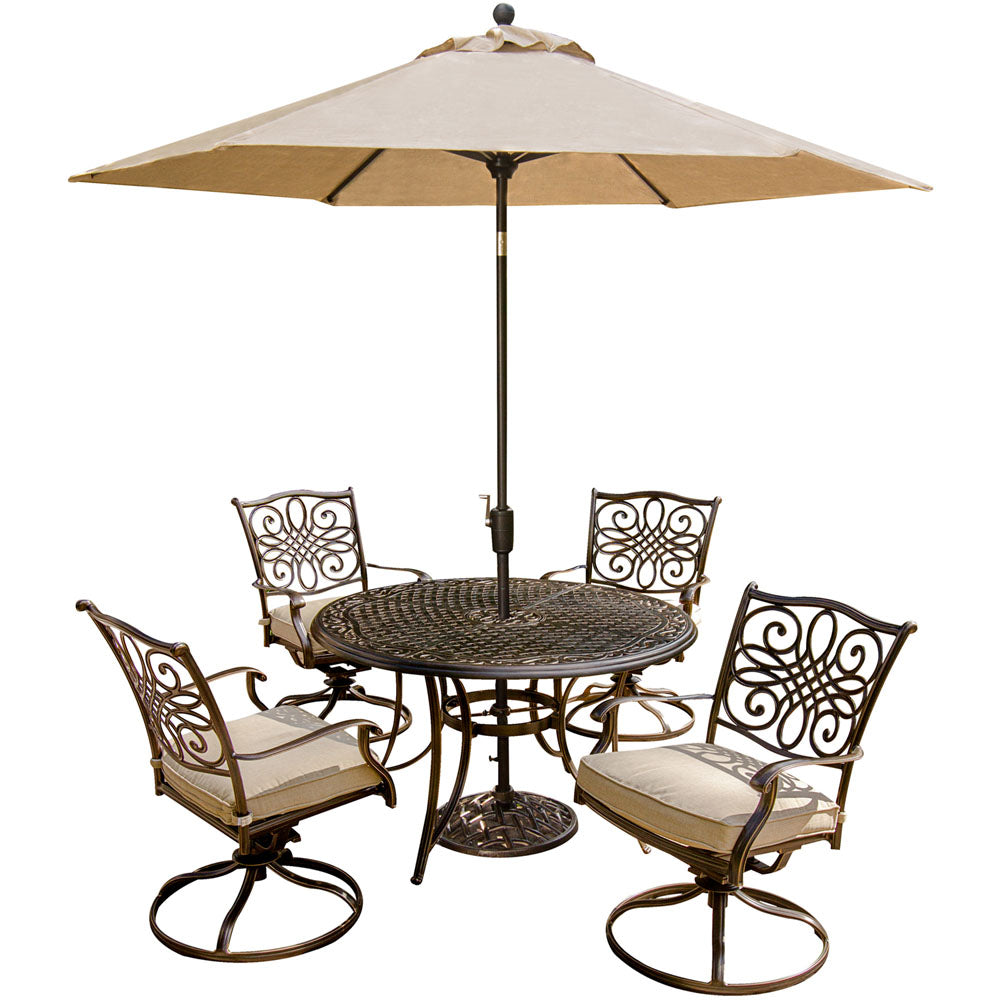 Hanover TRADITIONS5PCSW-SU Traditions5pc: 4 Swivel Rockers, 48" Round Cast Table, Umbrella, Base