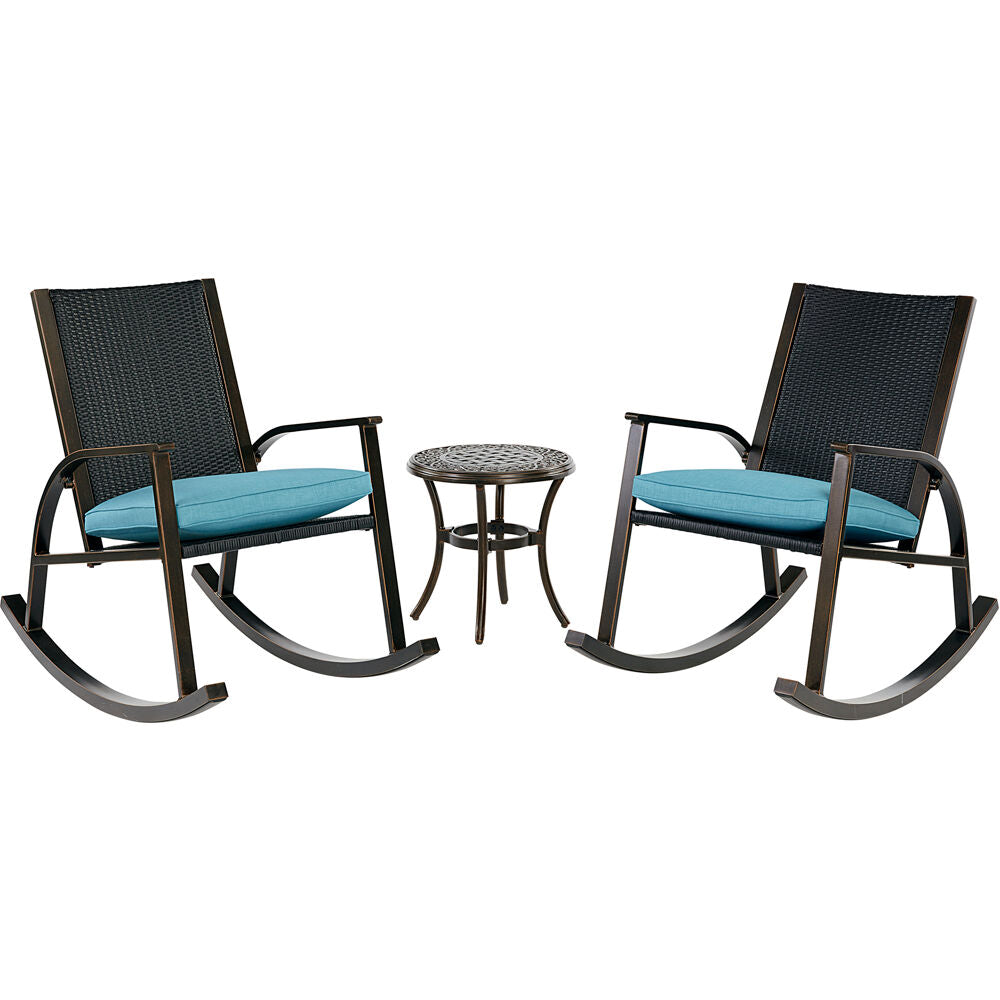 Hanover TRADWB3PCRKR-BLU Traditions3pc Rocker Set: 2 Wicker Back Porch Rockers and Round End Tbl